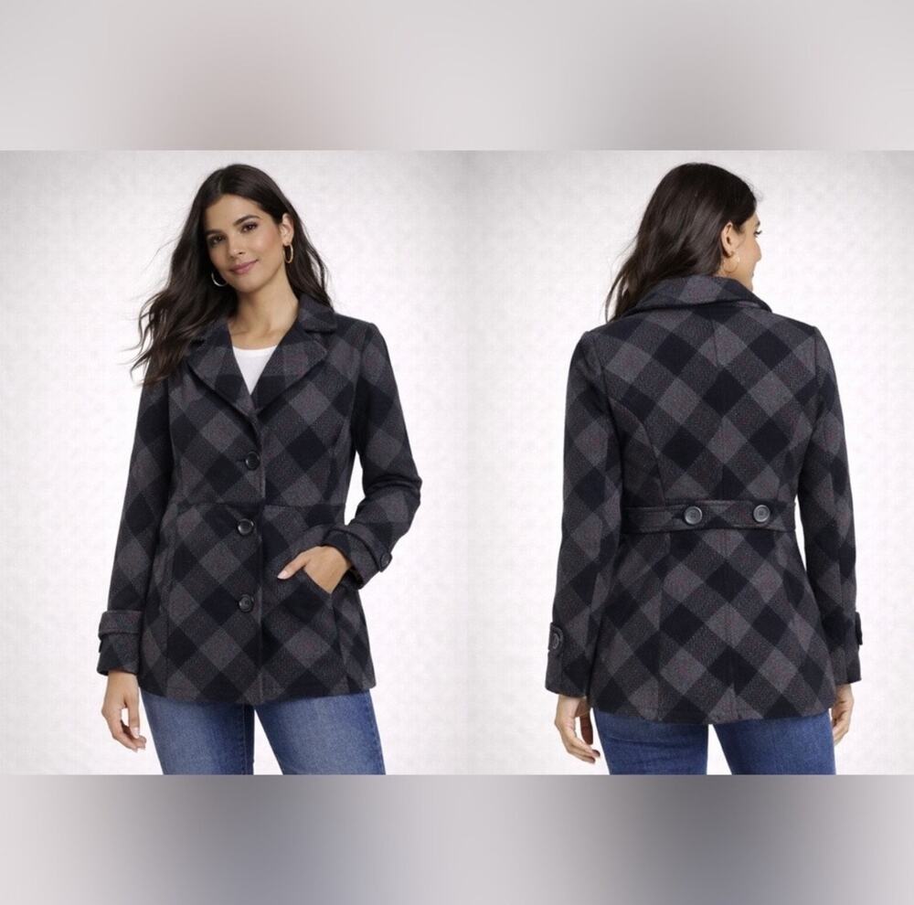 Aeropostale Wool Black, Gray and Pink Plaid Pea Coat Size Small